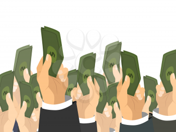 A lot of hands holds a bunch of banknotes with dollar sign. Auction sale concept illustration on white