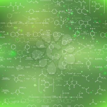 A lot of recondite chemical equations and formulas on blurred green background, seamless pattern