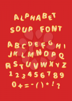 Alphabet soup font, latin letters on red