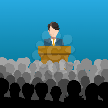A man holds a lecture to an audience flat illustration