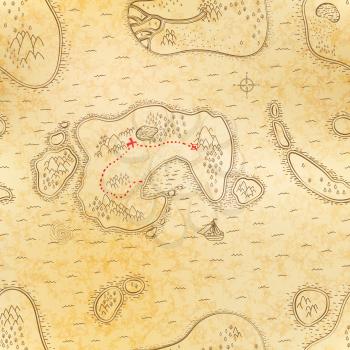 Ancient pirate map on old textured paper with red path to treasure, seamless pattern