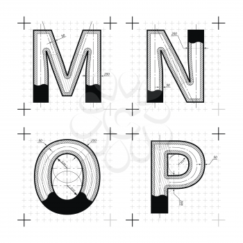 Architectural sketches of M N O P letters. Blueprint style font on white.