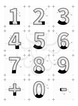 Architectural sketches of numbers. Blueprint style letters isolated on white.
