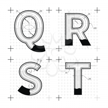 Architectural sketches of Q R S T letters. Blueprint style font on white.
