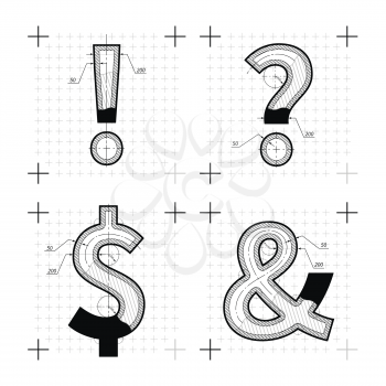 Architectural sketches of special chars letters. Blueprint style font on white.