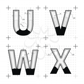 Architectural sketches of U V W X letters. Blueprint style font on white.