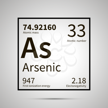 Arsenic chemical element with first ionization energy, atomic mass and electronegativity values ,simple black icon with shadow on gray