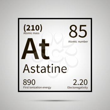 Astatine chemical element with first ionization energy, atomic mass and electronegativity values ,simple black icon with shadow on gray