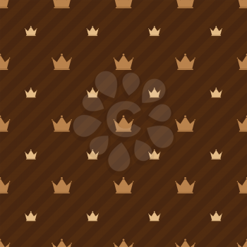 Beige crown icons on brown background with strips, luxury seamless pattern