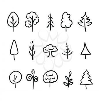Big set of cute hand-drawn modern icons of trees and plants