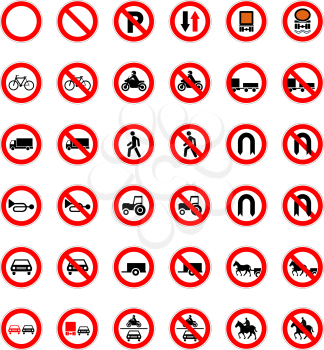 Big set of forbidden road signs isolated on white