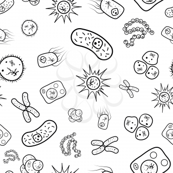 Biology cells, bacteria and viruses on white, seamless pattern