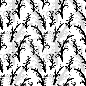 Black and gray plant silhouettes on white, art seamless pattern