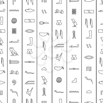 Black antique egyptian hieroglyphics on white, seamless pattern