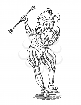 Black outline Joker with staff in old engraving style isolated on white