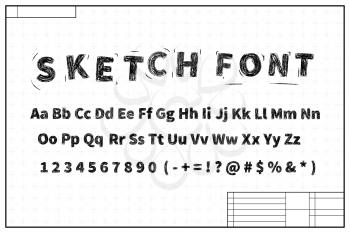 Black sketch font on blueprint layout plan with marks on white