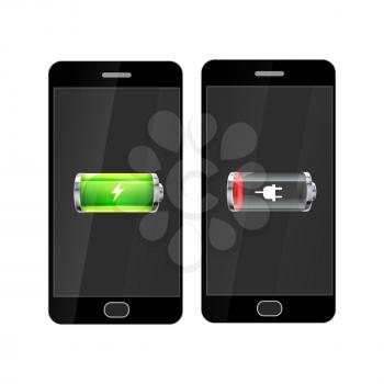 Black smartphones with full and empty glossy battery icons, isolated on white