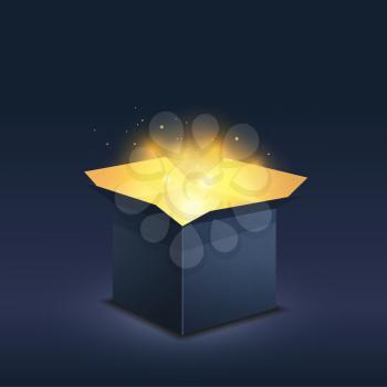 Blue box with magic golden light on dark background