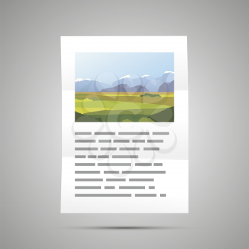 Book page with landscape illustration and text, A4 size document icon with shadow