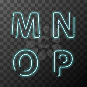 Bright blue realistic neon letters, vintage M N O P latin letters on transparent background
