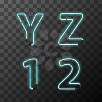 Bright blue realistic neon letters, vintage Y Z 1 2 letters on transparent background