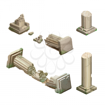 Bright cartoon ancient columns, isometric game object isolated on white