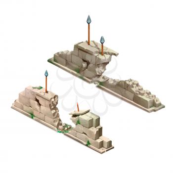 Bright cartoon gothic fortifications, isometric game object isolated on white