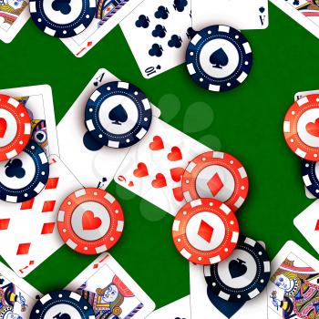 Bright casino chips and poker cards on green table, seamless pattern