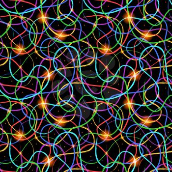 Bright colorful chaotic lines in the dark, seamless pattern