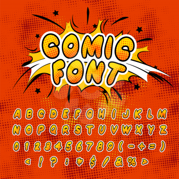 Bright colorful comics font with halftone pattern, vintage retro letters and signs
