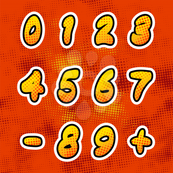 Bright colorful comics numbers with halftone pattern, vintage retro letters on red