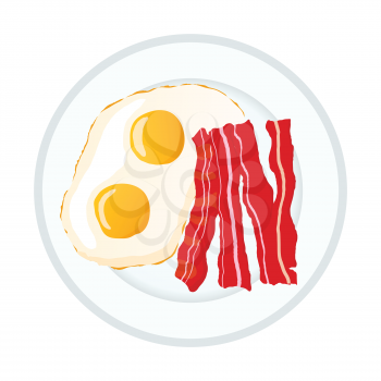 Bright colorful fried eggs with bacon, breakfast icon isolated on white