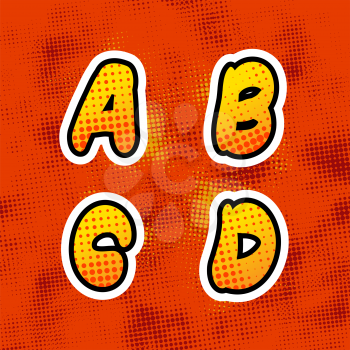 Bright colorful retro comics font with halftone pattern, vintage A B C D latin letters on red background