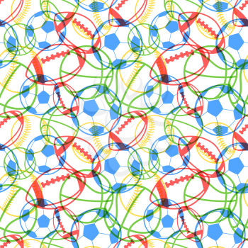 Bright colorful multiple sports balls icons on white background, seamless pattern