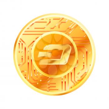 Bright golden coin with microchip pattern and Dash sign. Cryptocurrency concept isolated on white