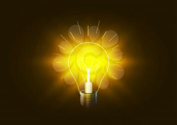 Bright lighting bulb with golden light in the darkness, conceptual illustration