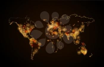 Bright night light in the cities on planet, world map view from space