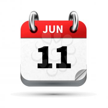 Bright realistic icon of calendar with 11 june date on white