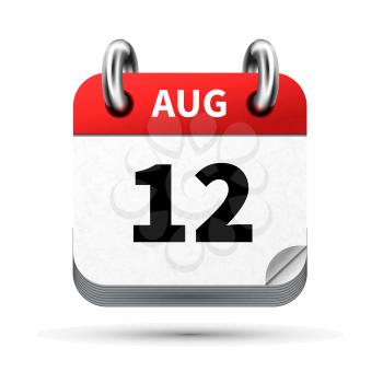 Bright realistic icon of calendar with 12 august date on white
