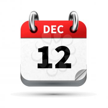 Bright realistic icon of calendar with 12 december date on white