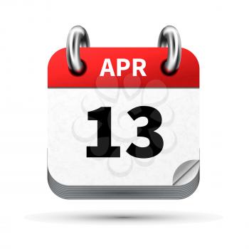 Bright realistic icon of calendar with 13 april date on white