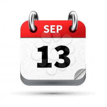 Bright realistic icon of calendar with 13 september date on white
