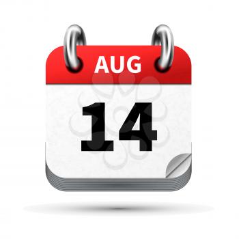 Bright realistic icon of calendar with 14 august date on white