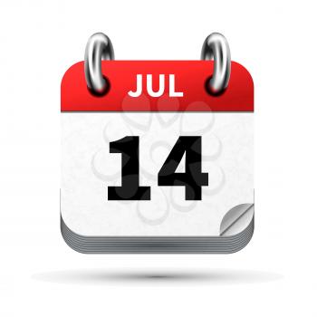 Bright realistic icon of calendar with 14 july date on white