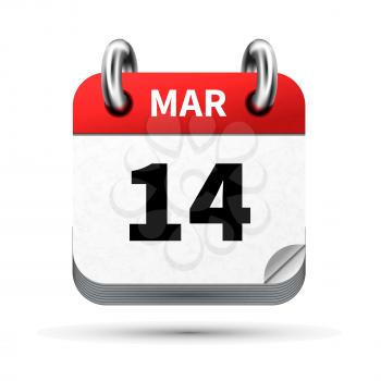 Bright realistic icon of calendar with 14 march date on white