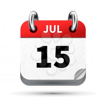 Bright realistic icon of calendar with 15 july date on white