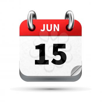 Bright realistic icon of calendar with 15 june date on white