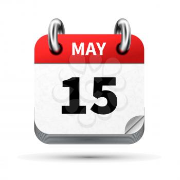Bright realistic icon of calendar with 15 may date on white