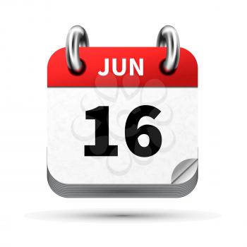 Bright realistic icon of calendar with 16 june date on white