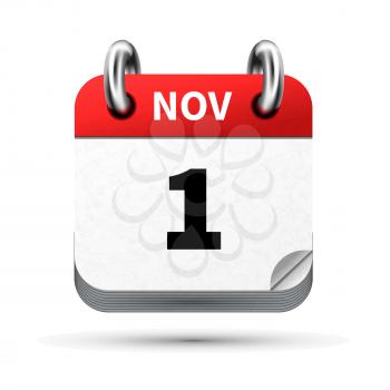 Bright realistic icon of calendar with 1st november date on white